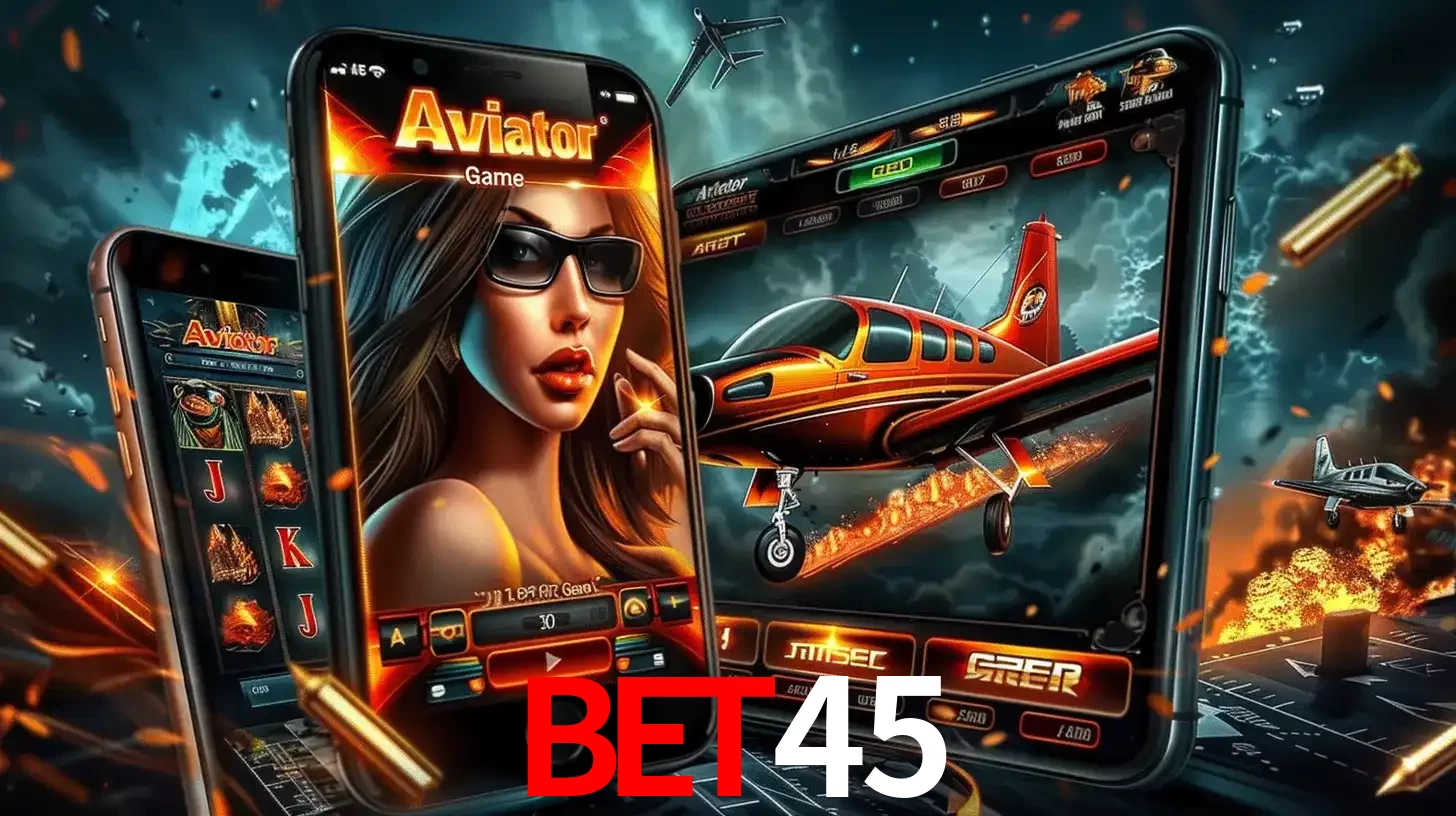 O popular jogo de apostas Aviator exibido em vários celulares e tablets, mostrando a interface emocionante e a ação de voo disponíveis para jogar agora no BET45.