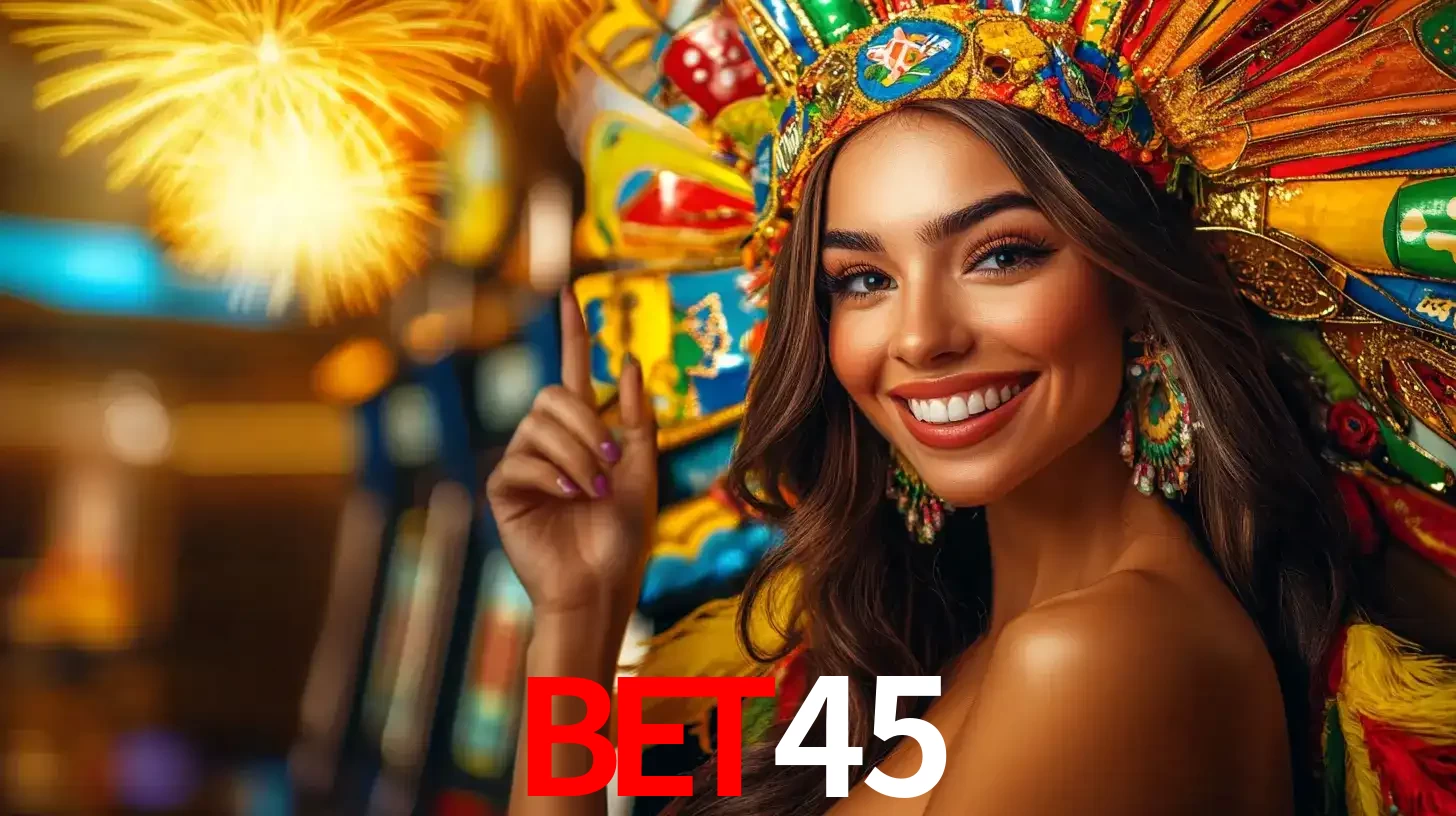 Mulher sorridente com um cocar de carnaval vibrante e colorido, celebrando uma grande vitória nos jogos do cassino BET45 com fogos de artifício ao fundo.