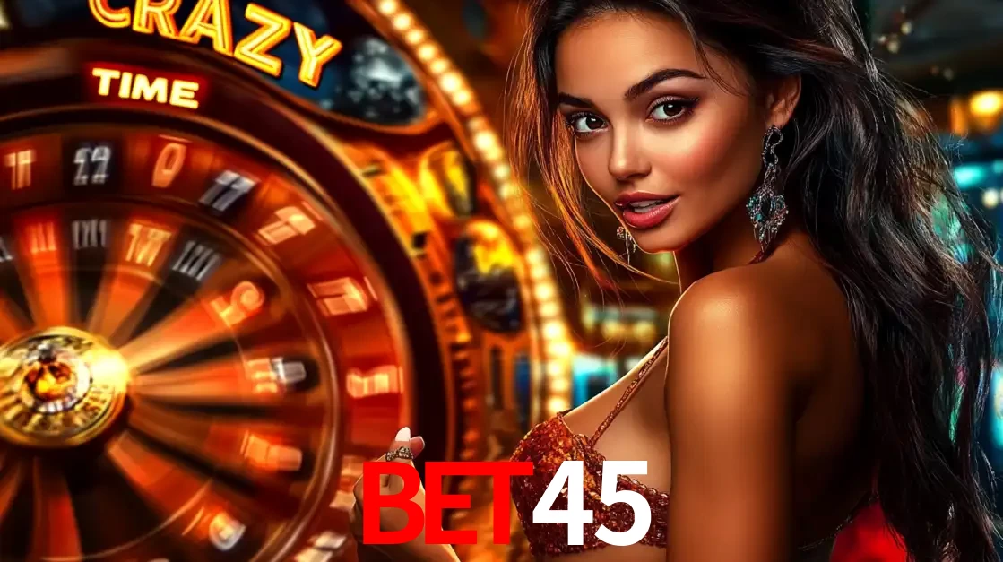 Mulher ao lado da roda de prêmios do jogo de cassino ao vivo Crazy Time, um dos shows de jogos mais emocionantes oferecidos pela plataforma de apostas BET45.