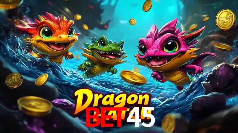 Arte promocional do jogo Dragon Hatch com três adoráveis dragões bebês nadando entre moedas de ouro, um dos slots mais divertidos para jogar no cassino BET45.