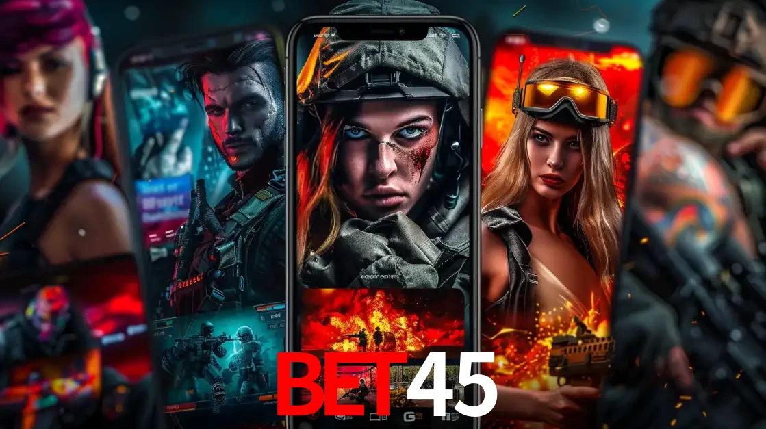 Montagem de telas de celular mostrando diversos personagens, masculinos e femininos, de um jogo de tiro, ilustrando a diversidade de equipes de e-sports para apostar no BET45.