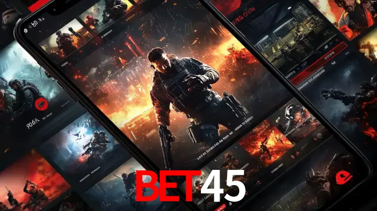 Tela de um celular exibindo uma galeria de jogos de tiro com temática militar, mostrando a variedade de e-sports disponíveis para apostas na plataforma de entretenimento BET45.