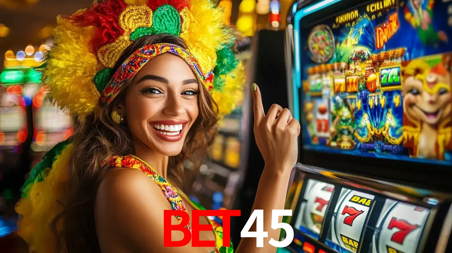 Mulher animada com um cocar de carnaval apontando para uma máquina de caça-níqueis, mostrando a emoção de ganhar um grande prêmio nos jogos do BET45.