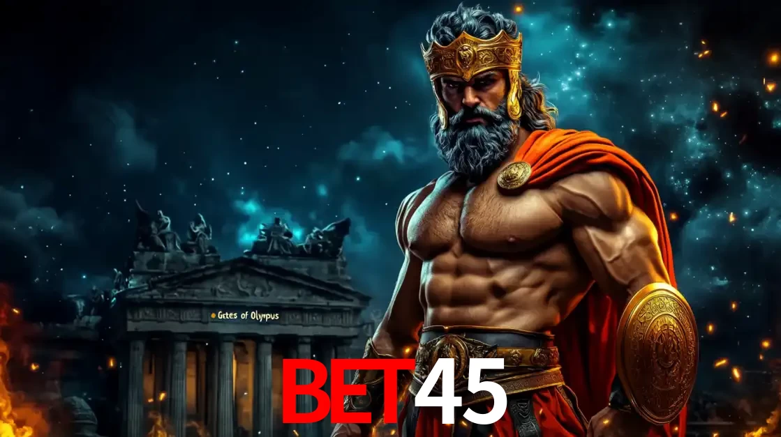 O poderoso Zeus do jogo de slot Gates of Olympus em frente ao seu templo, pronto para lançar multiplicadores divinos e prêmios épicos no cassino online BET45.