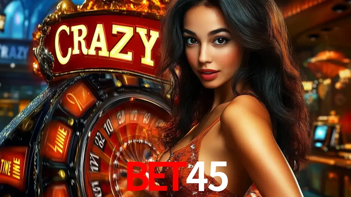 Mulher glamourosa olhando para a câmera com a roda vermelha do Crazy Time ao fundo em um ambiente de cassino, destacando a emoção dos jogos ao vivo no BET45.