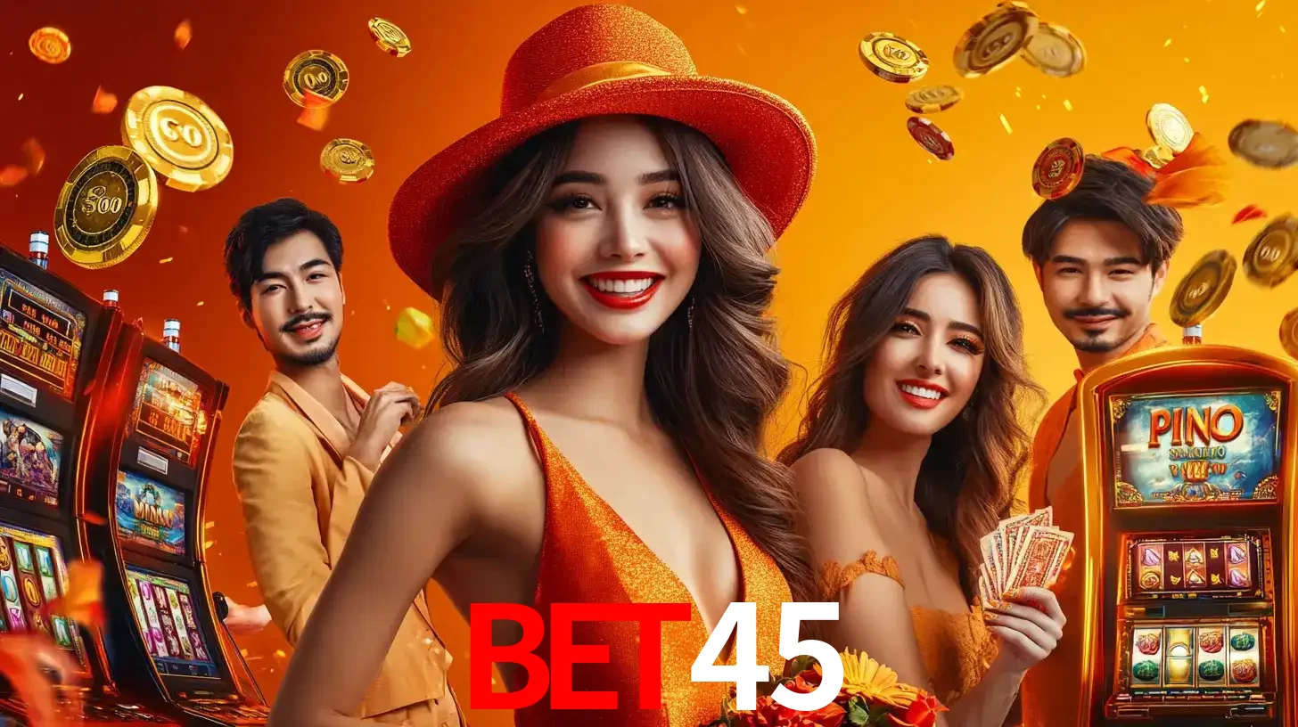 Grupo de amigos asiáticos sorrindo e se divertindo com máquinas de caça-níqueis em um ambiente festivo, celebrando suas vitórias nos jogos de cassino do BET45.