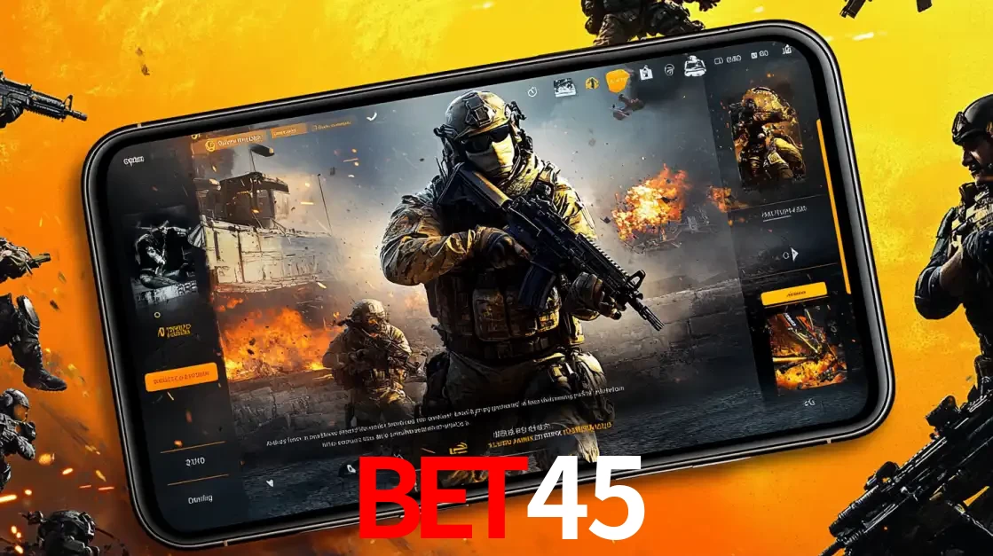 Um smartphone exibindo a interface de um jogo de tiro em primeira pessoa, com um soldado em um cenário de batalha, representando a ação dos e-sports para apostar no BET45.