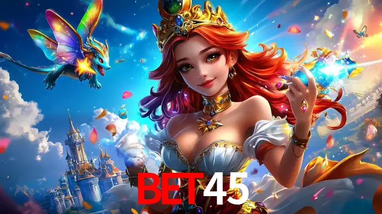 A princesa de um reino de fantasia mágico, com seu pequeno dragão, apresentando um mundo de prêmios encantados nos jogos de caça-níqueis do cassino BET45.