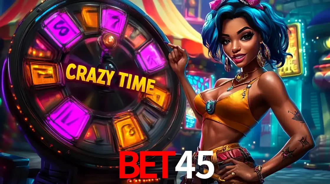 Mulher estilizada com cabelo azul e visual vibrante posando ao lado da roda de prêmios do game show Crazy Time, convidando para a diversão e os bônus do cassino BET45.