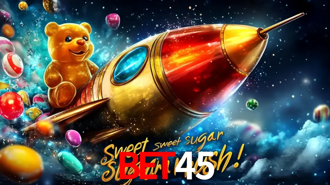 Arte promocional do jogo de slot Sugar Rush, com um urso de pelúcia em um foguete viajando pelo espaço de doces, um dos jogos divertidos disponíveis no cassino BET45.