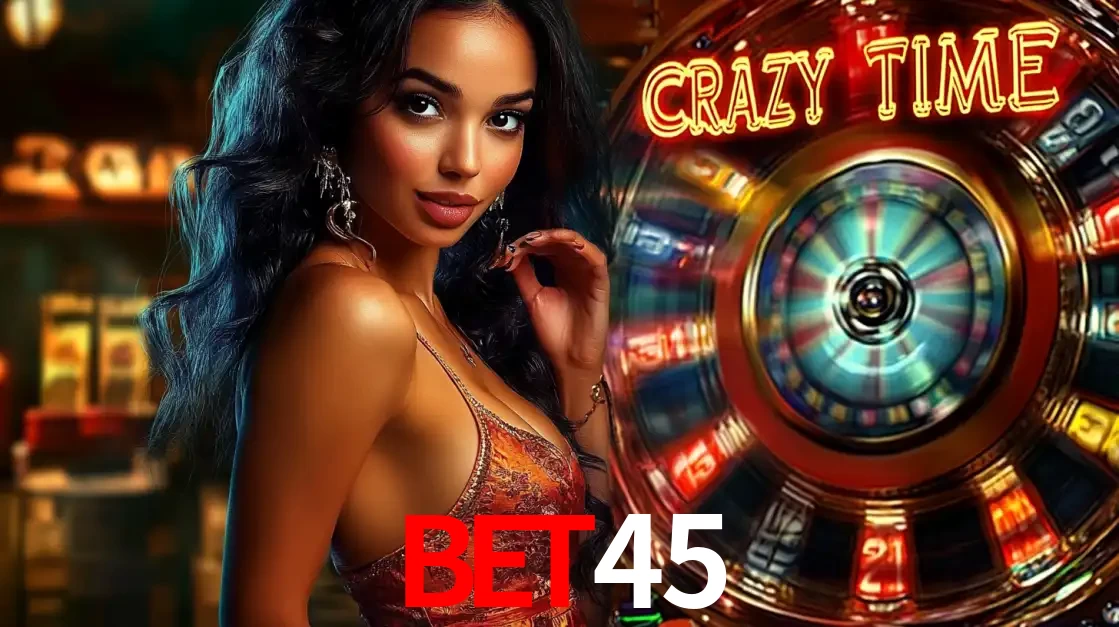 Mulher elegante ao lado da vibrante roda da fortuna do jogo de cassino ao vivo Crazy Time, um dos game shows mais populares e cheios de prêmios do BET45.